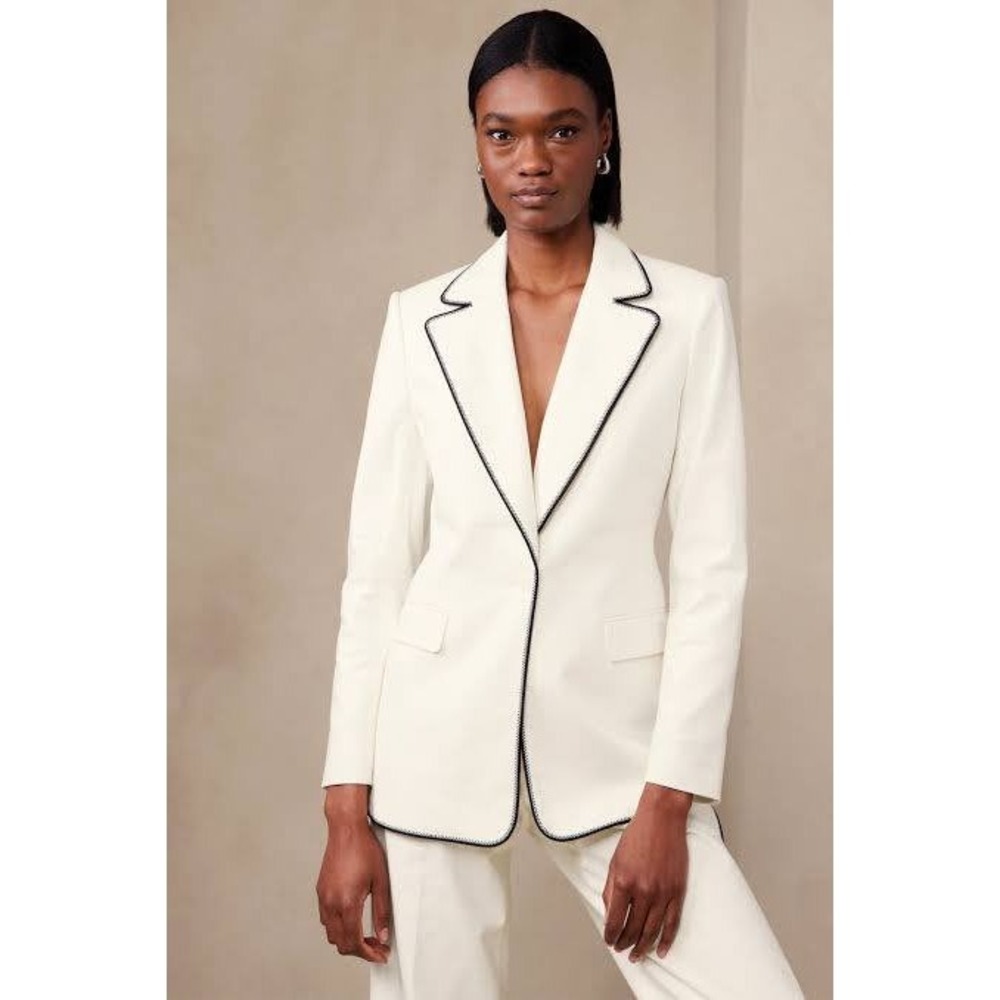 NEW Banana Republic Ivory Cotton Linen Blend Contrast Trim Blazer 6 Flap Pockets
